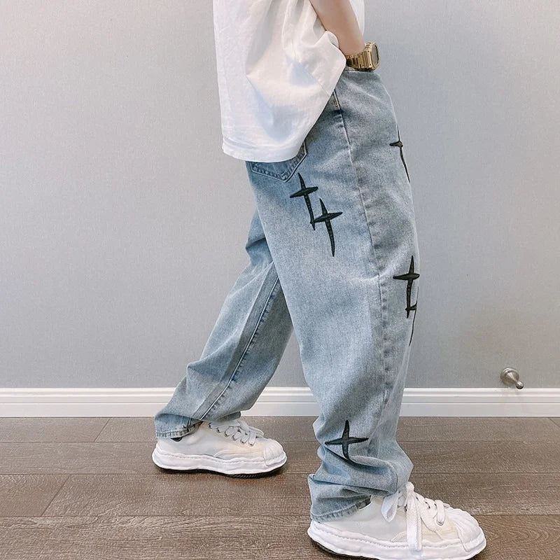 Prints Jeans Men Baggy Wide Leg Jeans Drapes Straight Casual Loose Denim Cargo Pants