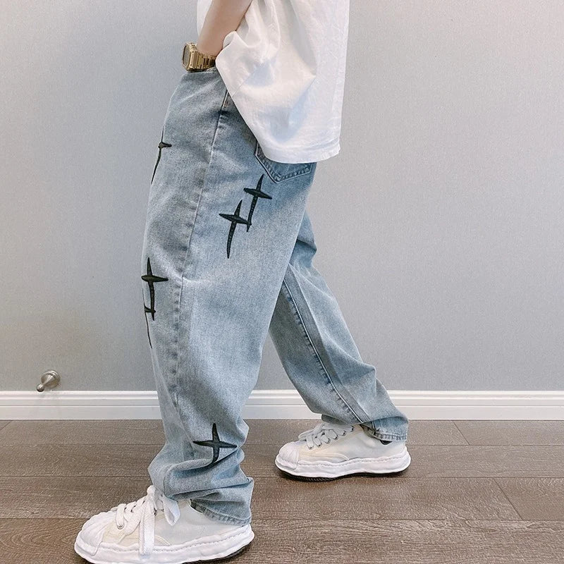 Prints Jeans Men Baggy Wide Leg Jeans Drapes Straight Casual Loose Denim Cargo Pants