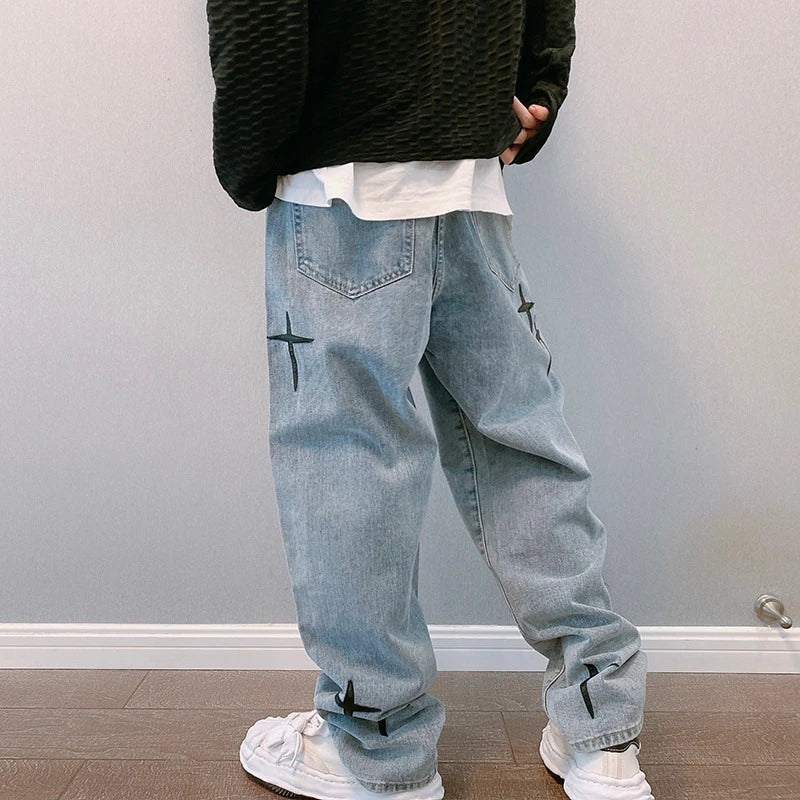 Prints Jeans Men Baggy Wide Leg Jeans Drapes Straight Casual Loose Denim Cargo Pants