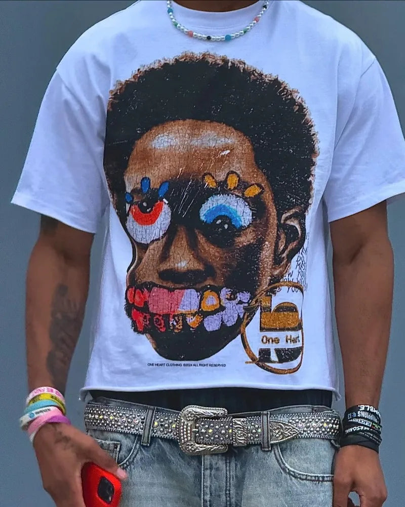 big head print oversized T-shirt men's Y2K street hip-hop Harajuku casual fashion short-sleeved top